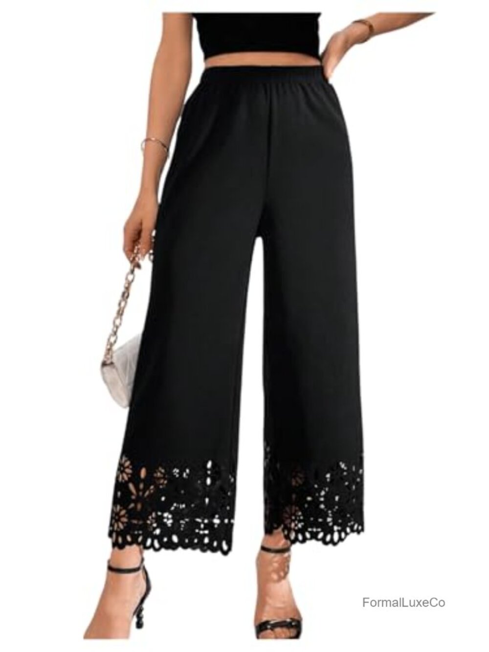 Women's Wide Leg High Waist Scallop Hem Cut Out Casual Pants